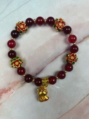Hello Kitty bracelet Gold-Accent Red Beaded Charm Bracelet with Floral Accents